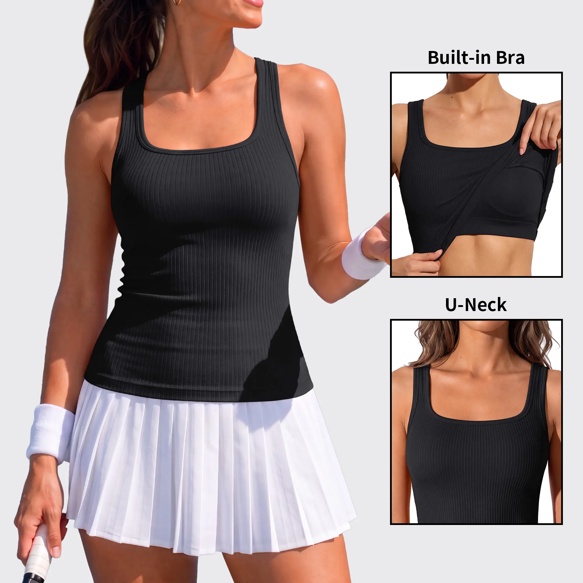ATTRACO  Ribflex Tank Tops With Built-in Removable Bra Square Neck Female Yoga Athlete  SlimFit Seamless Built-in Bra Workout Tank Top