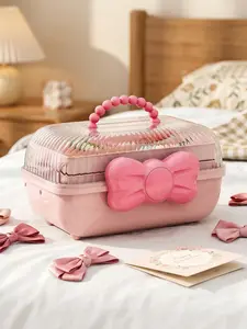 1PC Pink Bow 3-Layer Storage Box. Holds Hair Accessories, Stationery & Small Items. Must-Have Organizer for Moms. Transparent, Dustproof, with Handle & Compartments. Perfect for Girls & Women. Gift Box