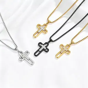 14K Gold Plated Cubic Zirconia Faith Jewelry| Double Layer Hollow Cross Necklace|Stainless Steel Pendant Necklace| Easter Gift| Tarnish Resistant| Religious Jewelry| Graduation Gift|Christmas Gift,  chain men