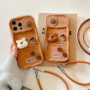 3D Coffee Cartoon Bear Phone Case With Wrist Strap For iPhone 17 16 15 14 13 12Pro Max Push-Pull Sliding Camera Shockproof Cover