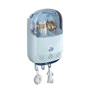 Wall-mounted draining chopstick cage, 3 compartments, punch-free design with ventilation holes, tableware storage box with hooks, suitable for chopsticks, spoons, forks and other kitchen utensils