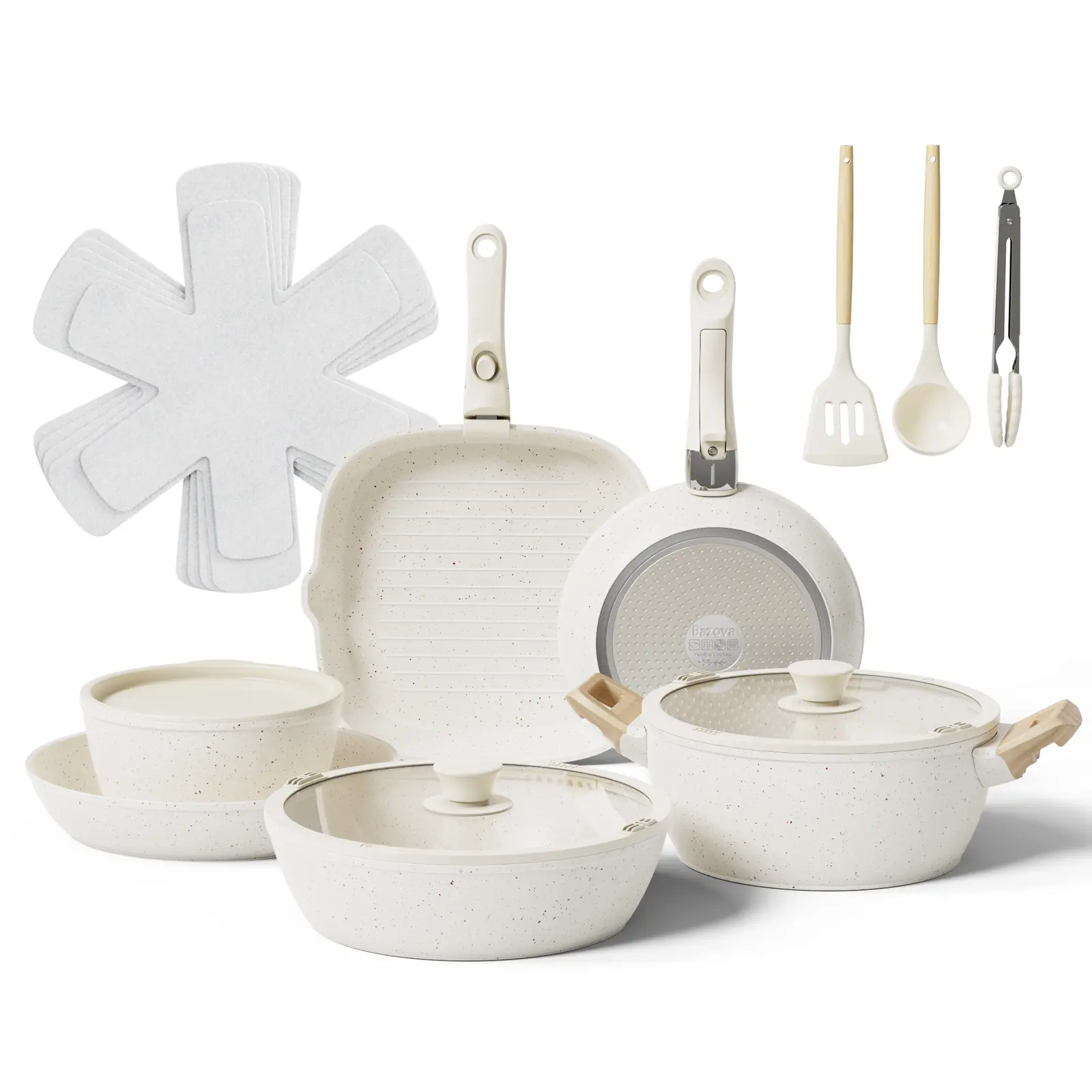 BAZOVA 19-Piece Ceramic Non-Stick Cookware Set, Detachable Handles, PFAS/PTFE/PFOA-Free Cream White Cooking Pots Set with 8-inch & 10-inch Frying Pans, Oven & Dishwasher Safe for Healthy Cooking