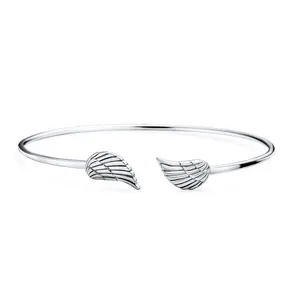 Guardian Angel Wing Bangle Bracelet .925 Sterling Silver Dainty Religious Minimalist Cuff