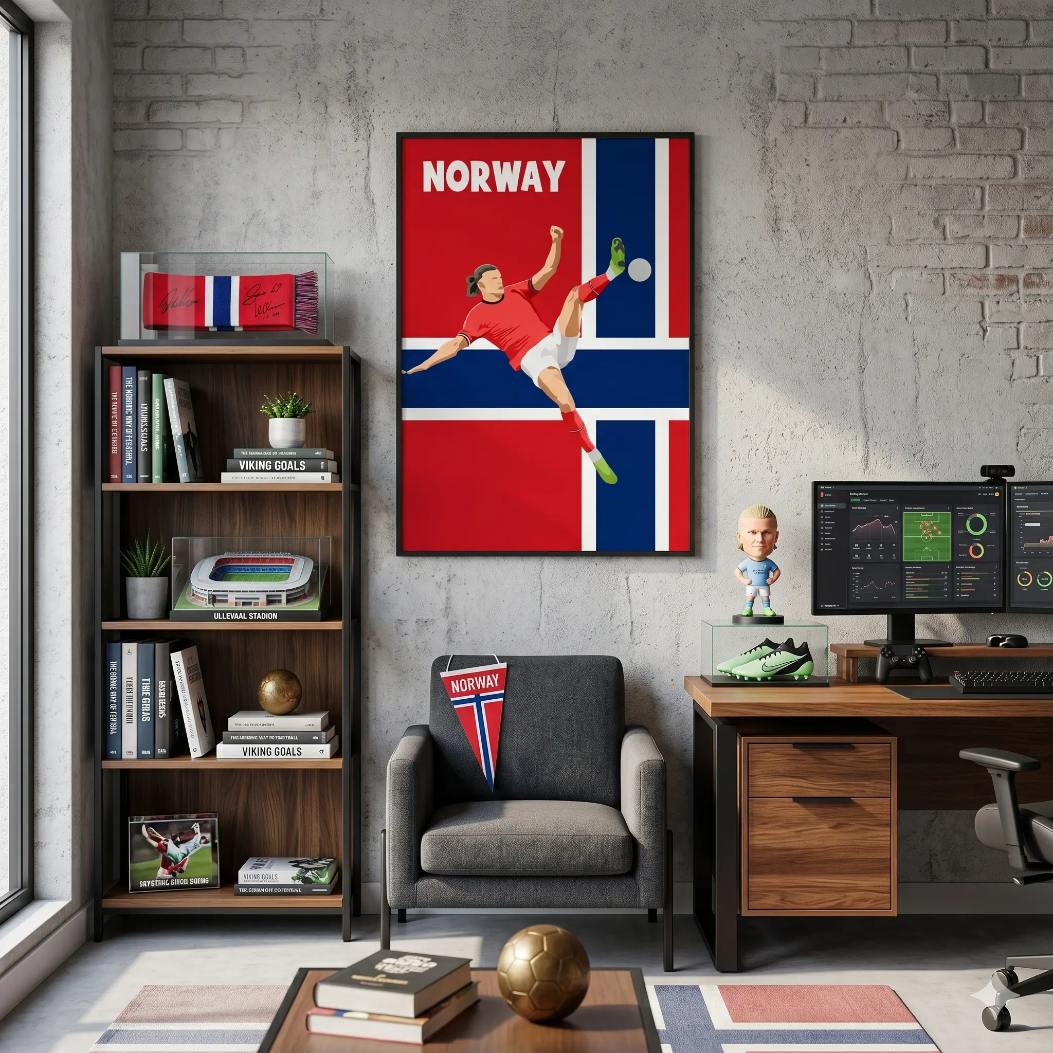 Minimalist Norway Soccer Canvas Wall Art - Retro Nordic Cross Flag Poster, Modern Acrobatic Flying Volley Graphic Prints for Game Room Decor