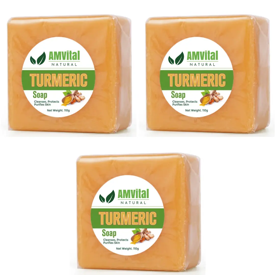 AMVital Turmeric Bar Soap (3 Packs, 1-Pack Option) - All-Natural Handmade Exfoliating Paraben-Free Body Care Cleanser for Dry, Sensitive Skin Adults, Vegan Brightening Antioxidant Shower Product for Acne & Dark Spots, Moisturizing Face Wash, Shower Produc