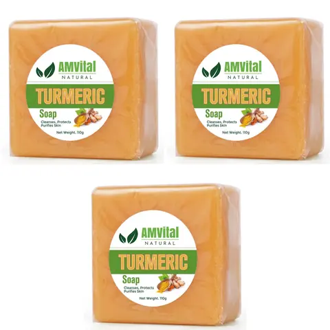 AMVital 4oz Turmeric Bar Soap (3-Pack, 1-Pack Options) - All-Natural Handmade Paraben-Free Cruelty-Free Vegan Eco-Friendly Exfoliating Cleanser, Moisturizing Body Care Face & Body Wash, Brightening Antioxidant Shower Product for Dry Sensitive Skin Adults