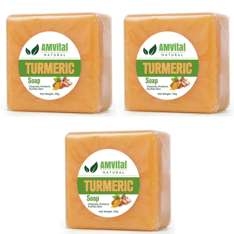 AMVital 4oz Turmeric Bar Soap (3-Pack, 1-Pack Options) - All-Natural Handmade Paraben-Free Cruelty-Free Vegan Eco-Friendly Exfoliating Cleanser, Moisturizing Body Care Face & Body Wash, Brightening Antioxidant Shower Product for Dry Sensitive Skin Adults