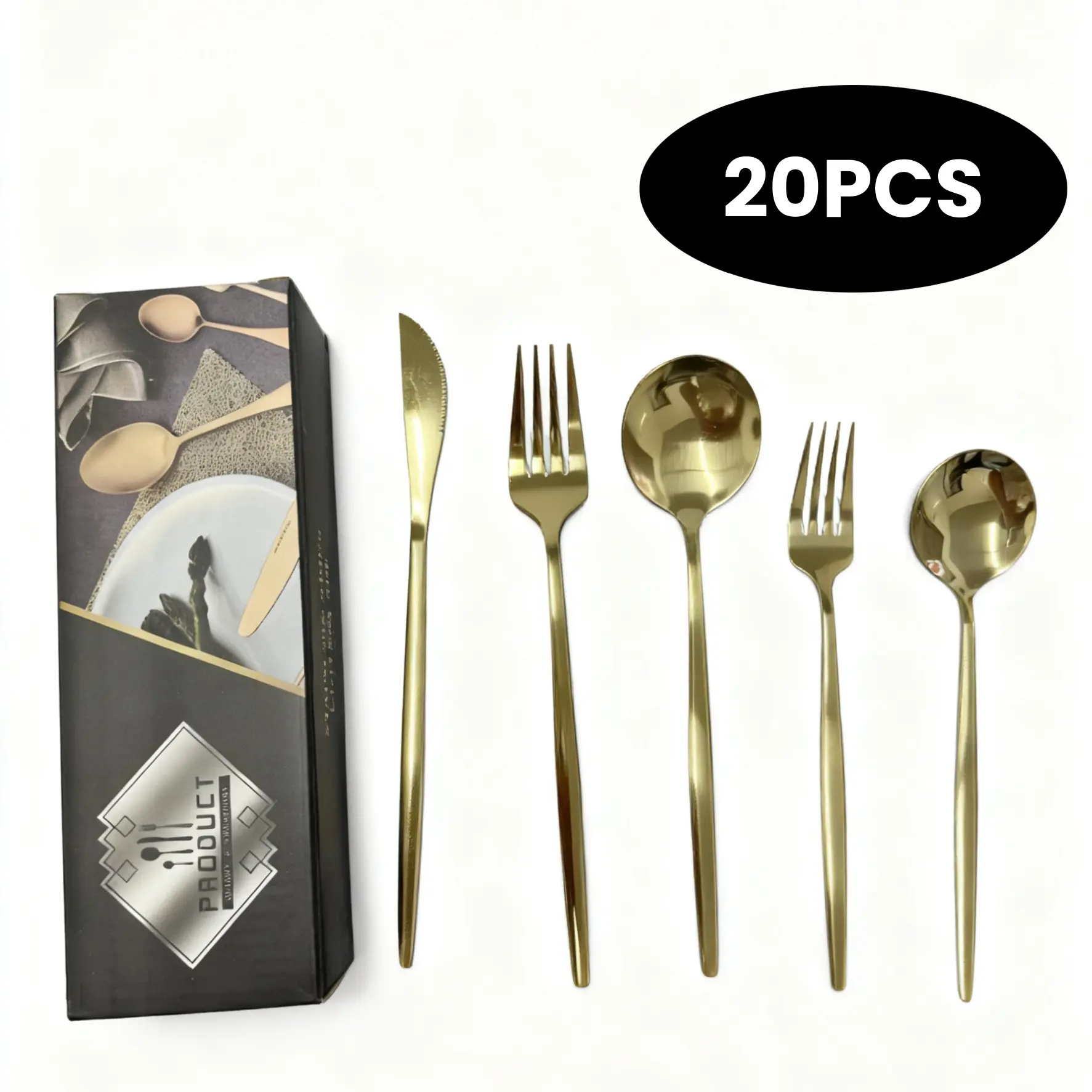 Adult 20-Piece 18/10 Stainless Steel Cutlery Set - Contemporary Matte Gold Flatware Design, Sturdy Durable Will Not Bend Sharp Steak Knives, Mirror Polished, BPA Free, Chip Resistant, Dishwasher Safe Kitchen Essential for Everyday Meals, Formal Events, He