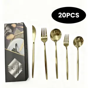 Modern Gold silverware Set,Premium 18/10 Stainless St20pcs Heavy duty,Sturdy,Sharp Practical steak knives,Matte gold Handle,Mirror Polished Finish,Kitchen Essential, (golden)