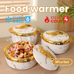 3 Pcs, White Marble Stripe Food Warmer, Insulated Stainless Steel Food Warmers With Lids, Hot & Cold Food Storage, Buffet Serving Bowls, Keeps Food Hot Or Cold, Thermal Casserole Dish Set, Pots And Pans, Ideal For Parties, Buffets, 1.5L+2L+2.5L