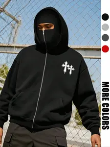 Men's Street Style Hooded Jacket with Face Mask, Winter Warm Loose Casual Hoodie with Cross Design, Pockets, Fall & Winter Outdoor Wear