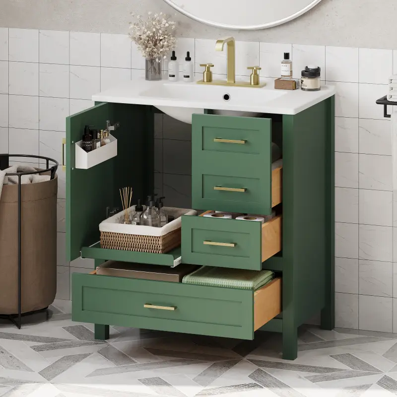 30" Green Bathroom Vanity with Sink Combination Set, Bathroom Storage Cabinet with Soft Close Door, 3 Soft Close Drawers and Removable Tray, Solid Wood Frame   WL