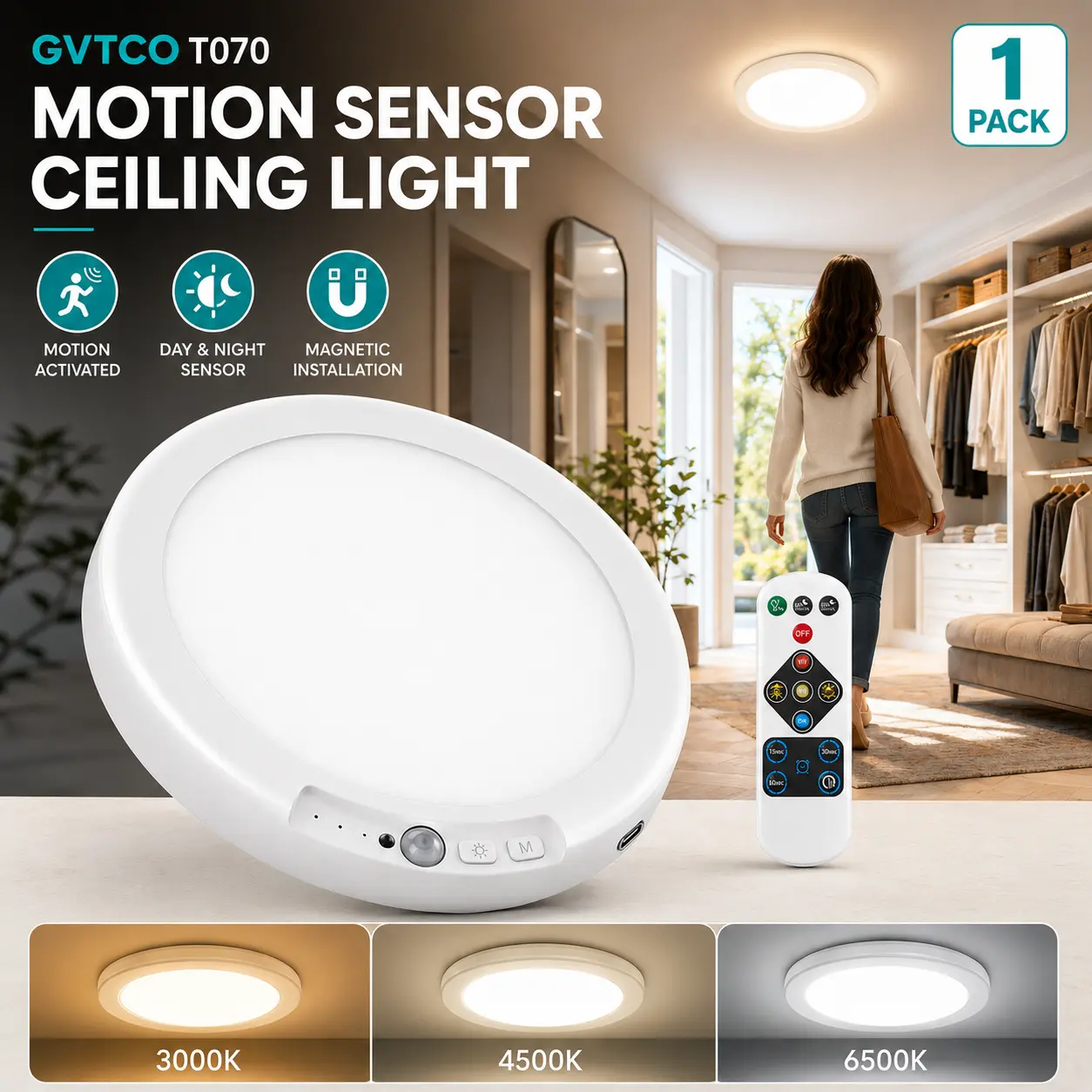 GVTCO Rechargeable Closet Ceiling Light with Motion Sensor, 5000mAh Cordless LED Light with Remote, 3 Color Temperatures, Dimmable Timer, Magnetic Mount for Hallway, Pantry, Stairway, White, 1 Pack