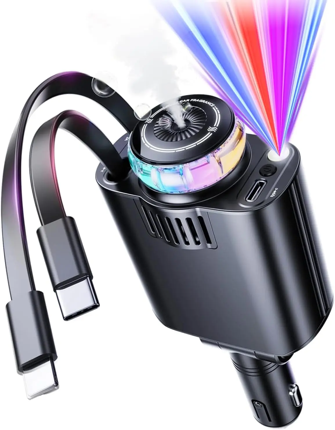 Retractable Car Charger with Starlight and Aromatherapy, 5 in 1 USB C Car Charger Adapter Fast Charging Car Phone Charger Essential Oil Diffuser Car Charger for iPhone 16 15 14 13 12 11 and Android