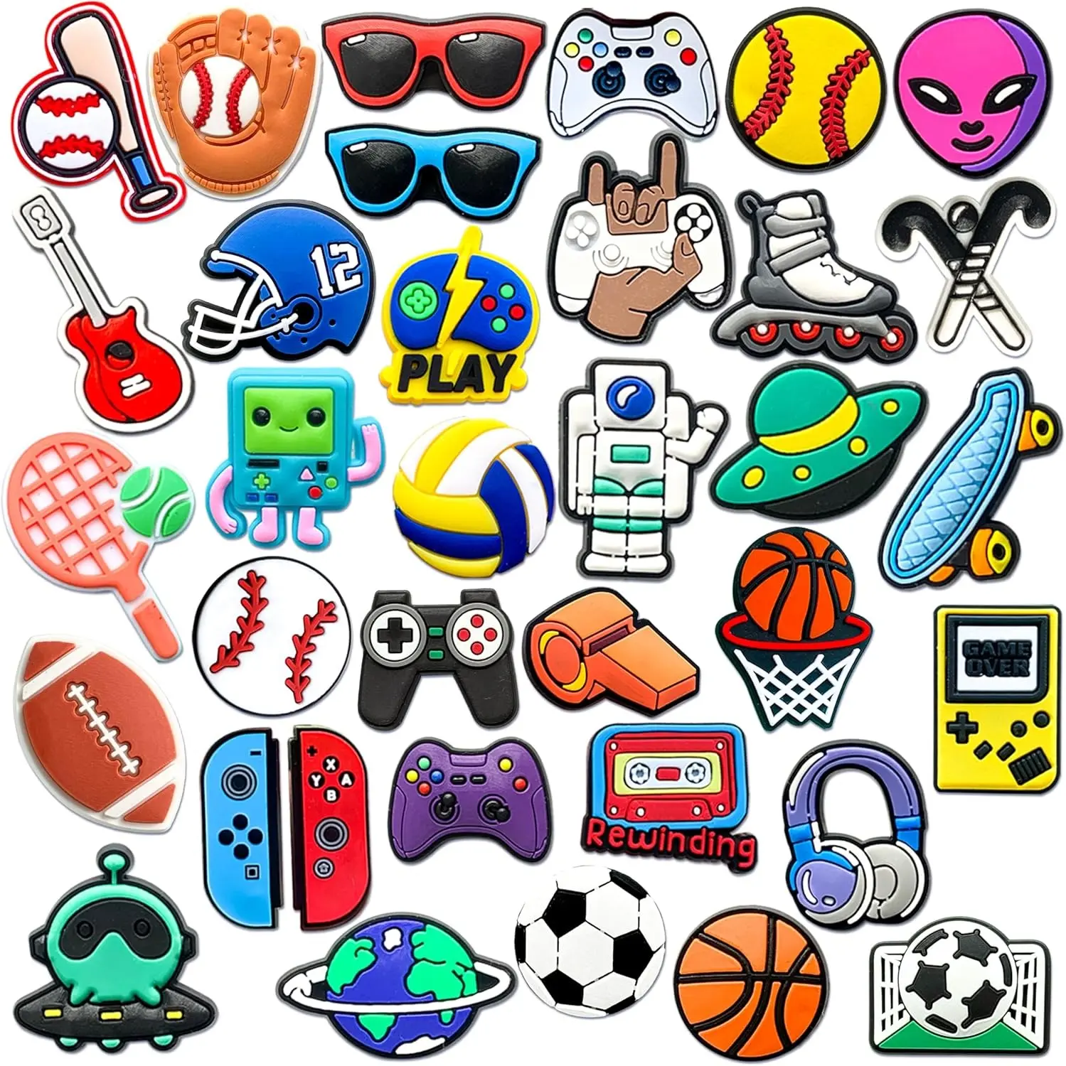 35 Pcs Sports & Gaming Shoe Charms for Clogs, Cool PVC Basketball Soccer Video Game Pins Accessories for Boys Kids Teens Adults Gift Set