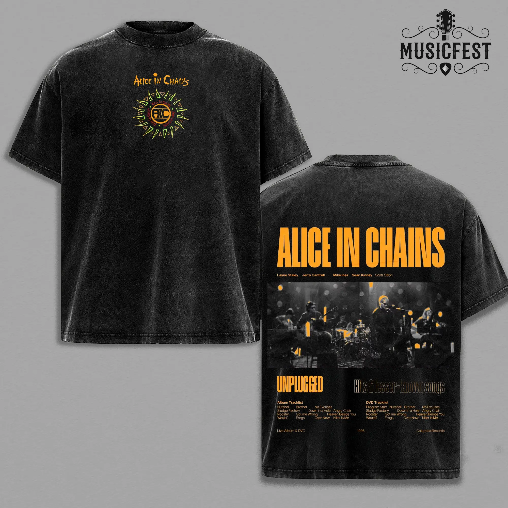 Retro Alice In Chains Unplugged Washed Apparel, AIC Sunburst Logo MTV Live Graphic Top, Vintage Snow Wash Tee, Heavyweight Mineral Wash Streetwear Blank