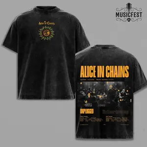Retro Alice In Chains Unplugged Washed Apparel, AIC Sunburst Logo MTV Live Graphic Top, Vintage Snow Wash Tee, Heavyweight Mineral Wash Streetwear Blank