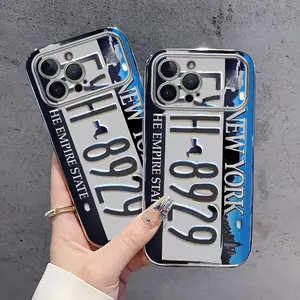 Retro blue and white license plate pattern electroplated large window phone case suitable for iPhone 17 pro/16/11/13/15/15 Plus/15 Pro/15 Pro Max/12/14 Pro Max/XS/XR/11 Pro Max/12 Pro/12 Pro Max/13 Pro/13 Pro Max/14 Pro/14 Plus