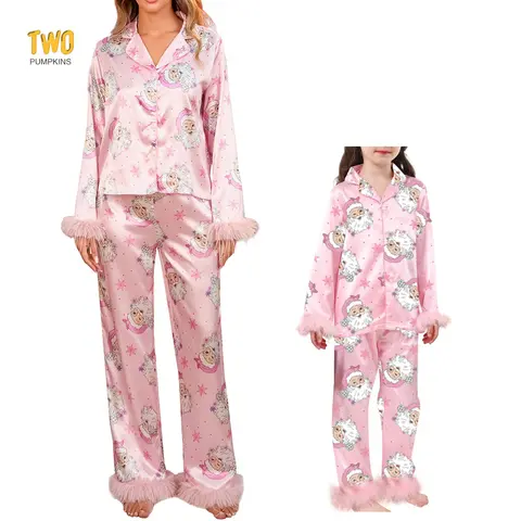 Christmas Mommy And Me Matching Pajamas Santa Print Button Down Feather Trim Long Sleeve Lapel Tops With Pants Family Holiday Satin Sleepwear