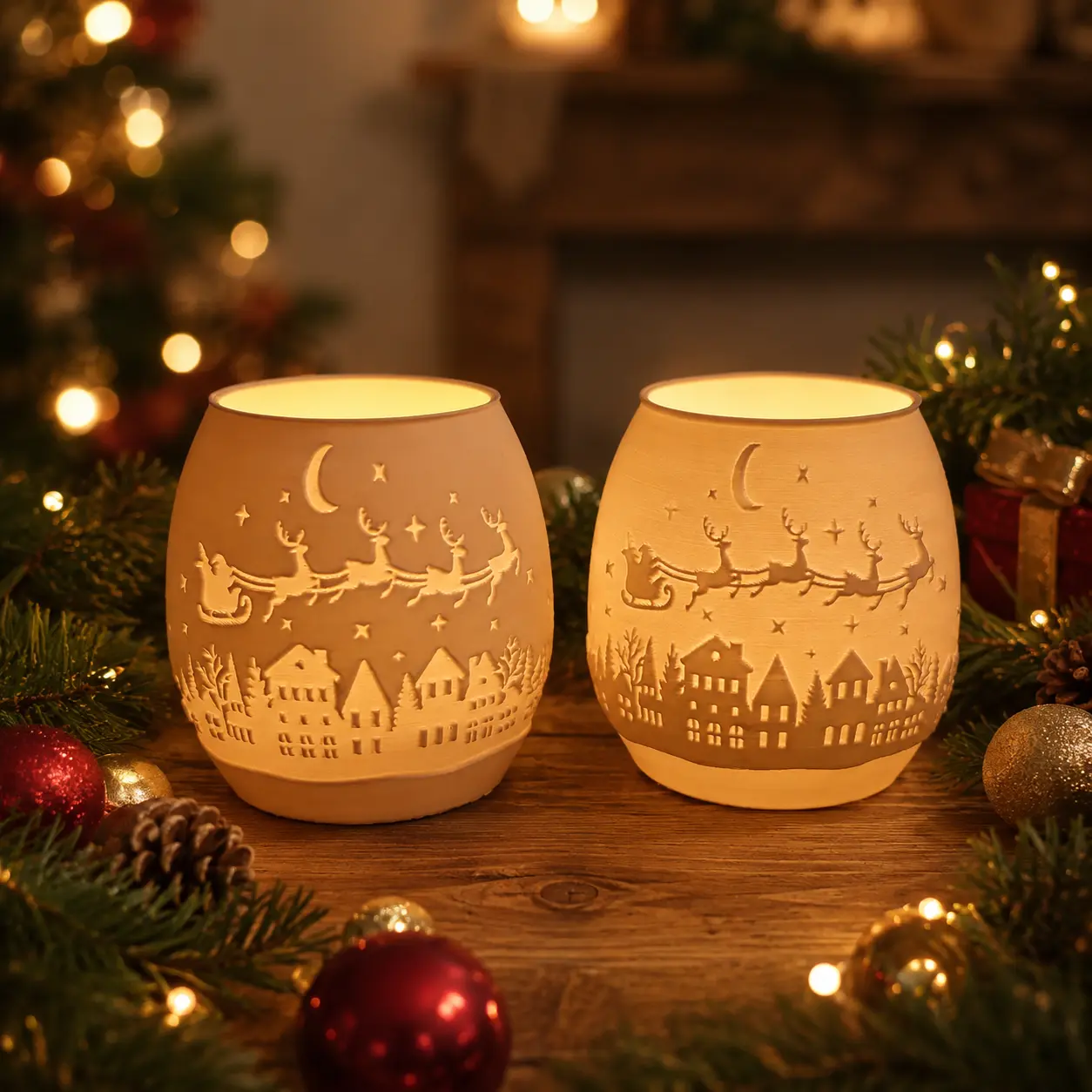 Christmas Santa Sleigh Luminary Decor with Reindeer Village Scene, Warm Glowing Tabletop Ornament for Shelf Mantel, Cozy Holiday Home Accent and Christmas Gift