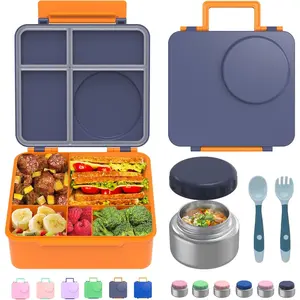 Bento Box for  - Leak-Proof Lunch Box with Insulated Thermos  Jar - 4 Compartments, 1 Removable Divider, 1Spoon, 1 Fork - Dishwasher Safe,  (Navy blue)