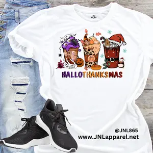 Hallothanksmas Graphic T-Shirt Crew Neck Casual Cotton