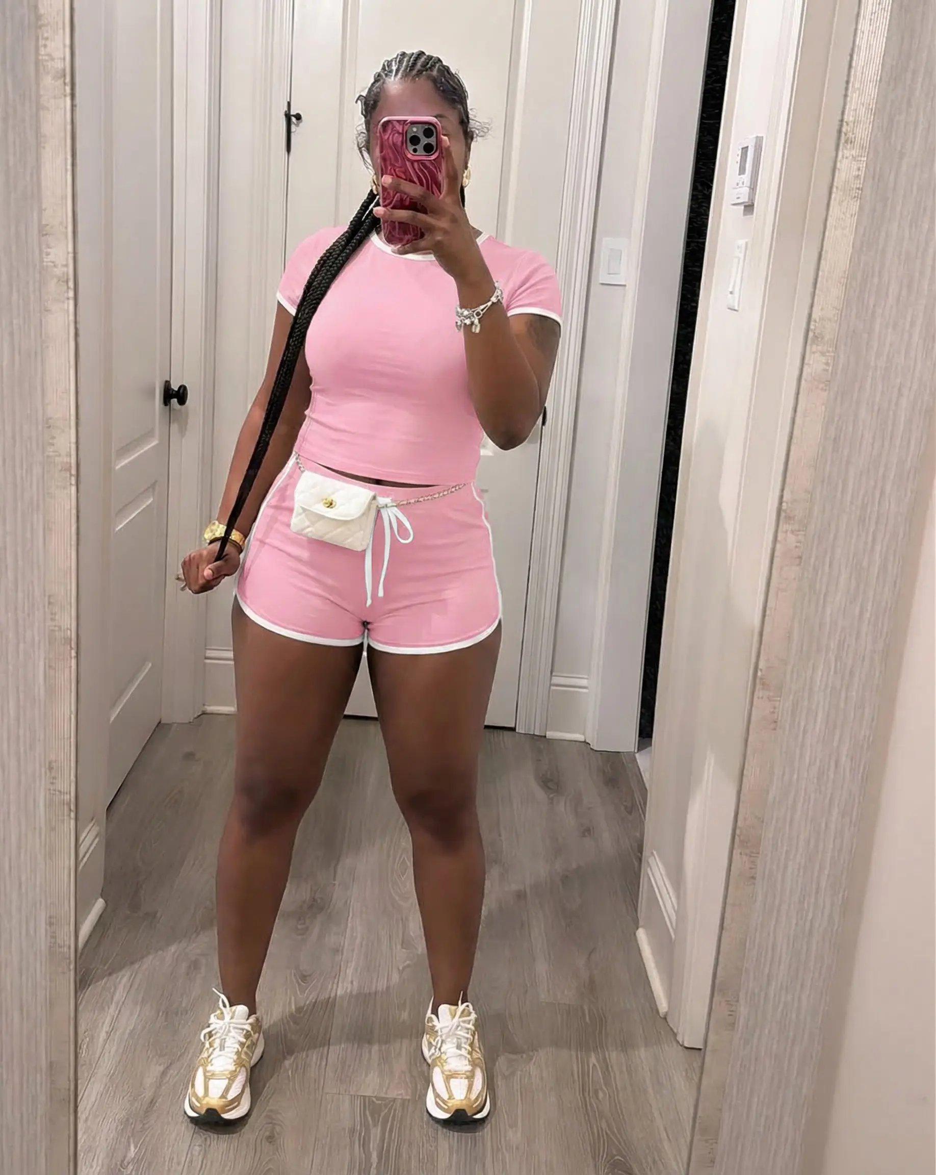 USBOUTIQUE CHIC Women's Stretchy 2 Piece Set Casual Lounge Outfit High Waist Drawstring Pants Short Sleeve Top in Pink - Womenswear, Clothes Adjustable Adjustable