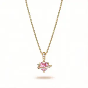 Pink Heart Pendant Necklace for Women, Gold Plated Crystal Heart Necklace with Planet Ring Design, Cute Romantic Jewelry Gift for Girlfriend Daily Wear Party Fashion Necklace
