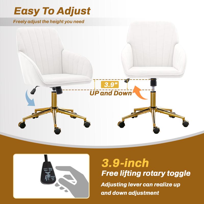 Home Office Desk Chair Comfy with Adjustable Swivel Wheels, Modern Velvet Makeup Vanity Chair with Back & Pillow, Ergonomic Office Chair Computer Task Chair for Living Room, Bedroom