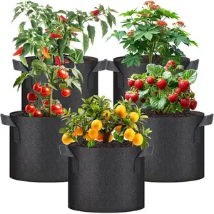 Fabric Planting Bags Set, 5-Pack Grow Bags with Flip Lid Handles, Sizes 5 Gallon & 10 Gallon, Ideal for Vegetables and Flowers, Reusable Planting Bag