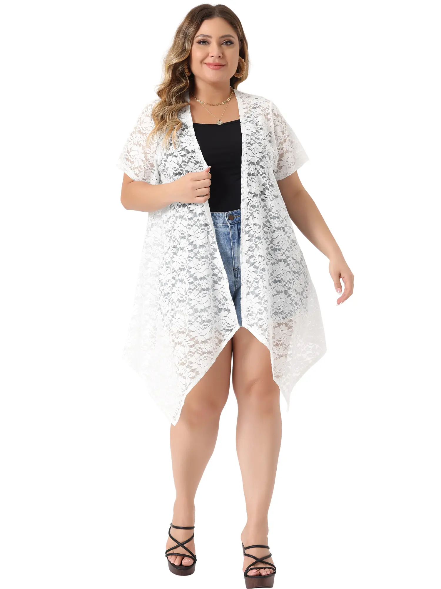 Agnes Orinda Plus Size Cardigan Lace Crochet Short Sleeves Sheer Cover Up