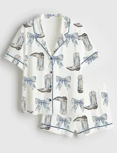 Coquette Blue Bow And Boots Cowgirl Pajama Set, Satin Printed Pajama Set, Silky Unisex Sleepwear with Fun Prints, Short & Long Options