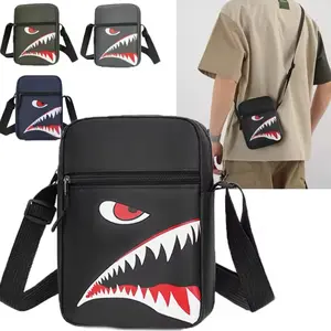 Casual Men's Shoulder Messenger Bag Nylon Cell Phone Bag Unisex Crossbody Pack Travel Waist Pack Male Chest Pouch with Shark Mouth Design