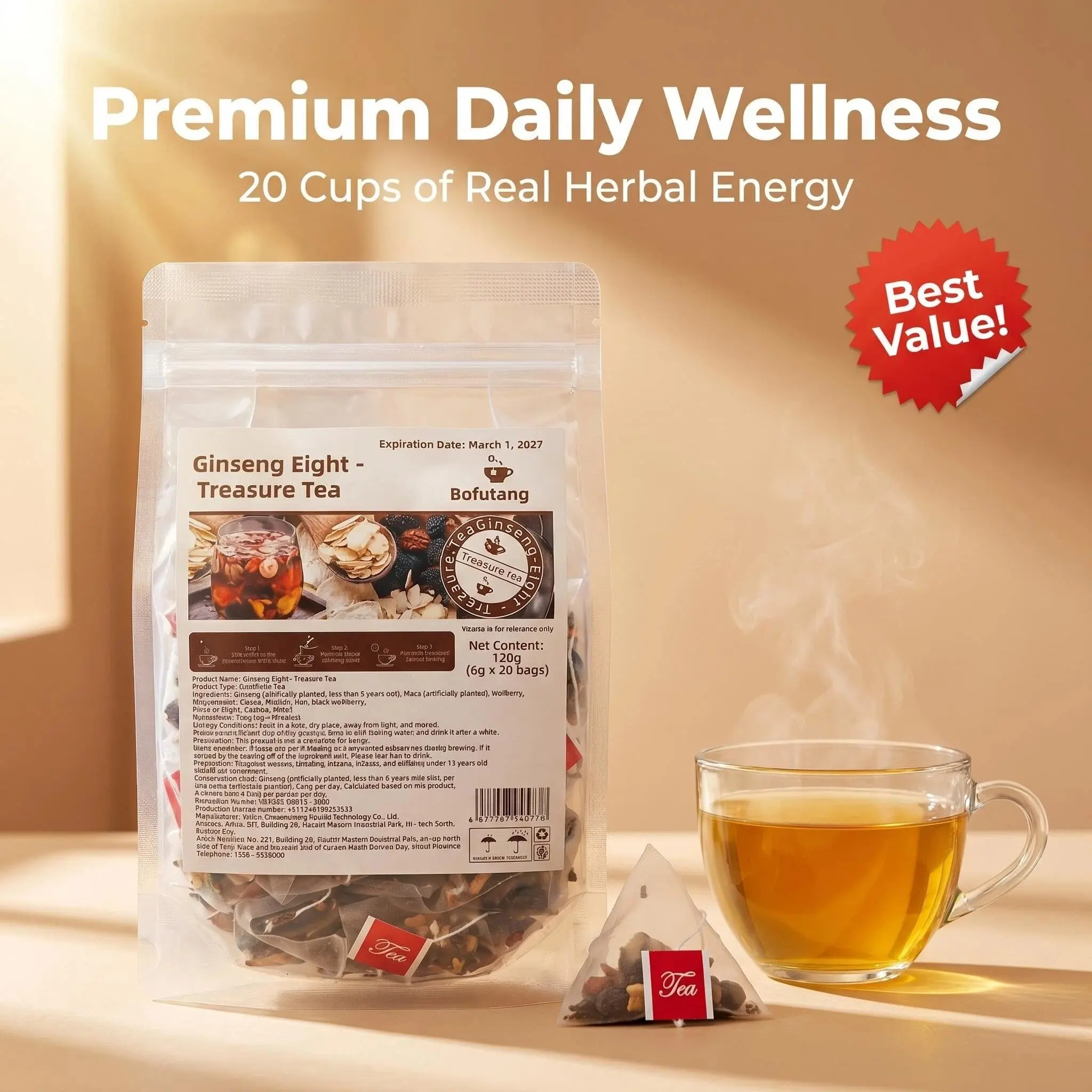 Men's Scented Antioxidant Natural Herbal Tea Bags - 5-Treasure Ginseng, 8-Treasure, Red Jujube, Wolfberry & Mulberry Formulas, 60-Count with Natural Ingredients