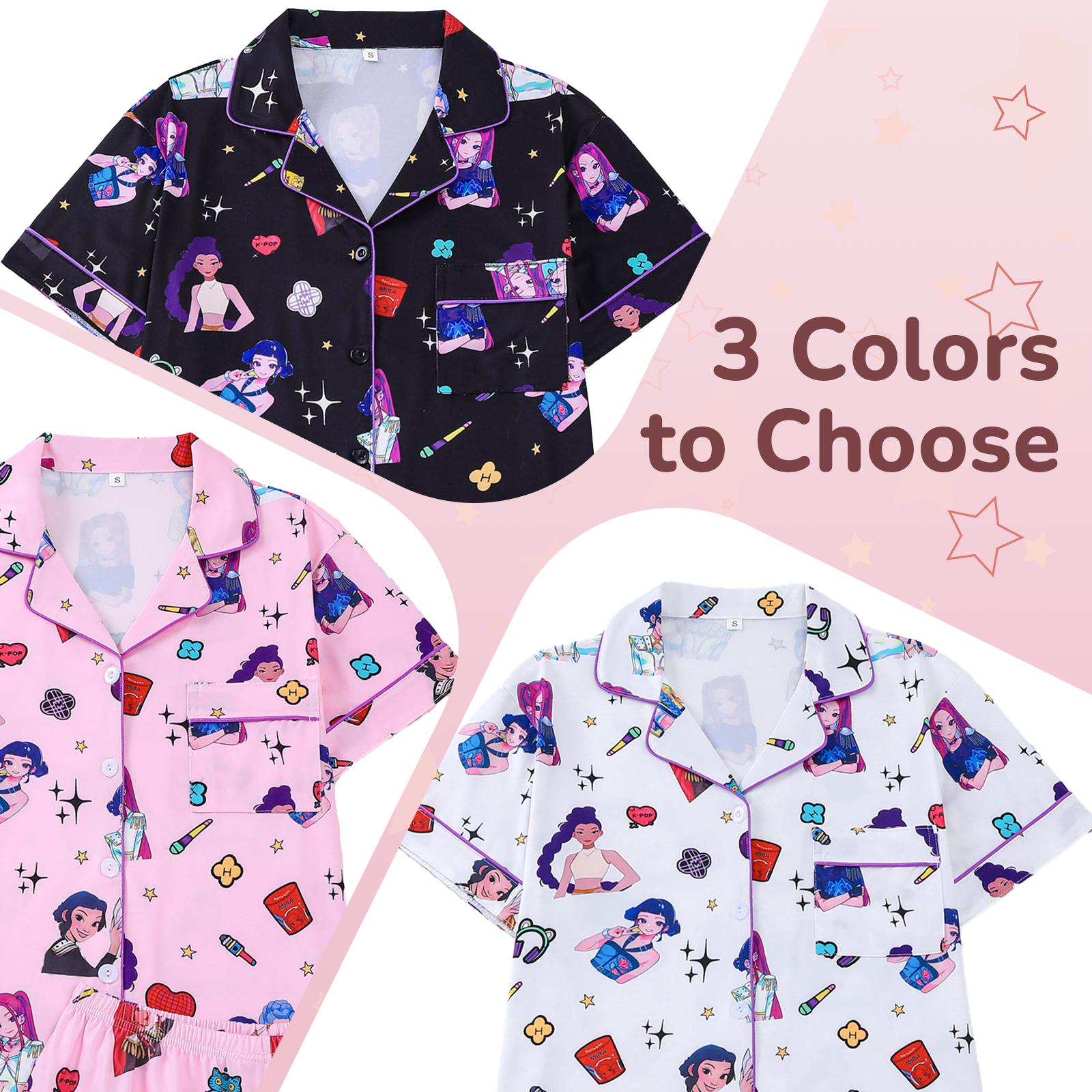 KPop Demon Hunters Inspired Girls Short Sleeve Pajama Set, Cute K-pop Anime Summer PJs for Kids, Soft Breathable Sleepwear Nightwear Outfit