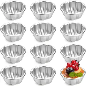 12 Pack Egg Tart Molds Aluminum Alloy Pudding Jelly Molds Reusable Cake Tartlets Cupcake Muffin Cups for Baking Flower Shape Non-sticky