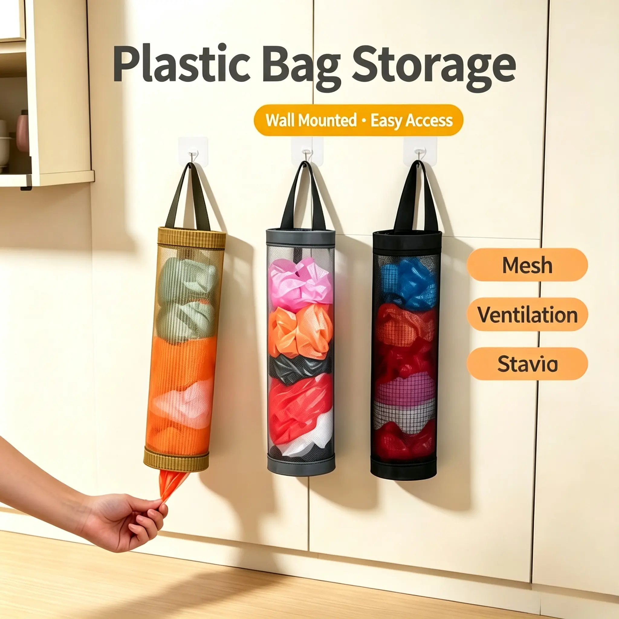 3Pcs Plastic Bag Holder Bag Holder, Plastic Bags Large Grocery Shopping Bags Dispenser for Kitchen Hanging Mesh Storage Organizer