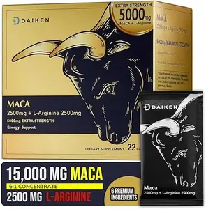 DAIKEN Peruvian Maca Root Powder Extra Strength 15,000 mg, Gelatinized Black, Red, Yellow Maca Blend with L-Arginine (2,500 mg) for Men and Women, Superior Absorption, Vegan, Lab Tested - 22 Packets