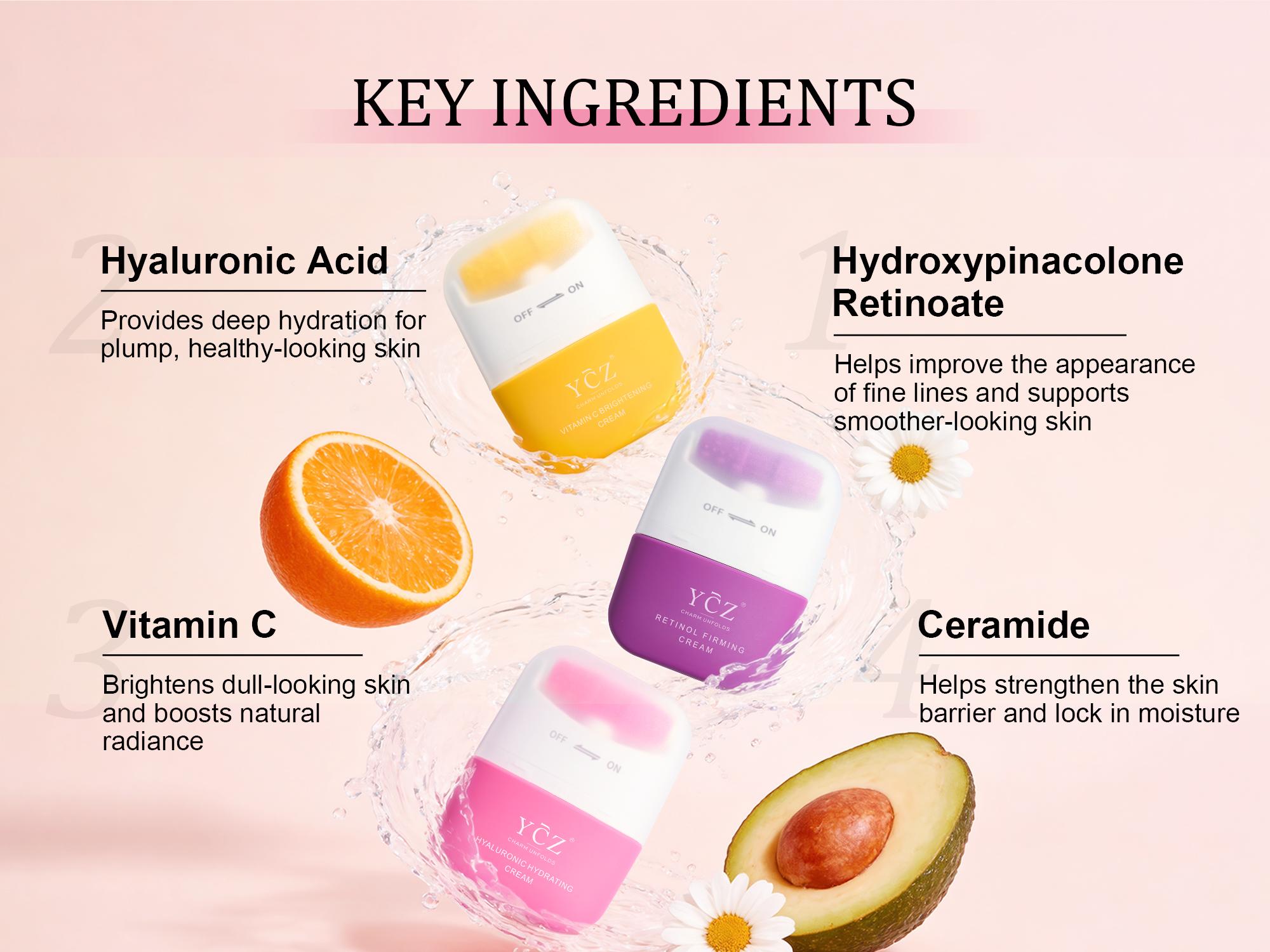 YCZ Essential Facial Care Trio – Retinol, Hyaluronic Acid & Vitamin C Cream Set with Built-In Massager for Face & Neck Firming, Brightening & Hydrating