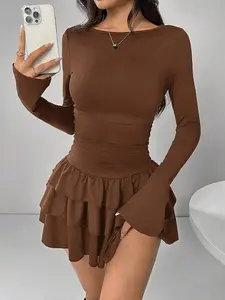 Elegant Women's Long Sleeve Brown Ruffle Solid Color Dress for Summer and Autumn Fashion bodycon dresses Pleated