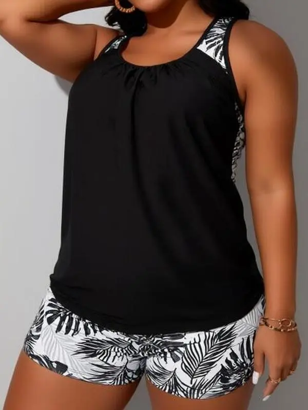 Women's Plus Size Tankini Swimsuits Set - 2-Piece Tropical Leaf Print Blouson Racerback Top, Matching Swim Shorts, Black/Navy Blue/Hot Pink for Summer Sports & Outdoor Use