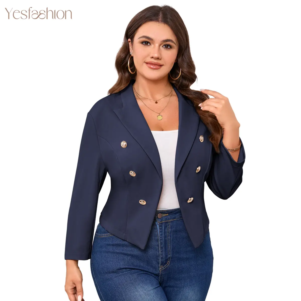 YESFASHION Women's Plus Size Long Sleeve Cropped Blazer - Double-Breasted Gold Button Everyday Jacket (95% Polyester 5% Spandex Fabric) XYZ, Skirts