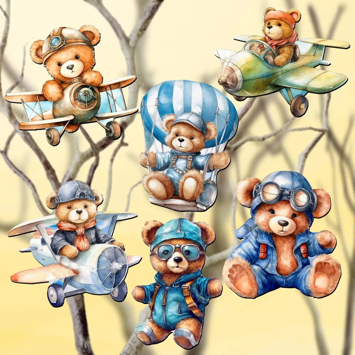 Designocracy 8090010C-S6 Aviator Teddy Bear Decorative Wooden Clip-On Ornaments, Set of 6, 2x2x0.25in, 0.8 lbs, UV-Coated, Rustic Charm, Christmas Decorations, Festive Home Gift