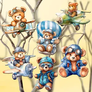 Designocracy 8090010C-S6 2 x 2 x 0.25 in. Aviator Teddy Bear Decorative Wooden Clip-on Ornaments Christmas Decor, Set of 6