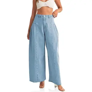 PASLTER Womens Baggy High Waisted Jeans Loose Boyfriend Wide Leg Side Pleated Denim Pants