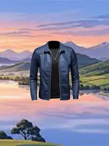 Men's Vintage Motorcycle Leather Jacket, Stand Collar Slim Fit Padded Shoulder Design, Fall Windproof Casual Long Sleeve Outerwear