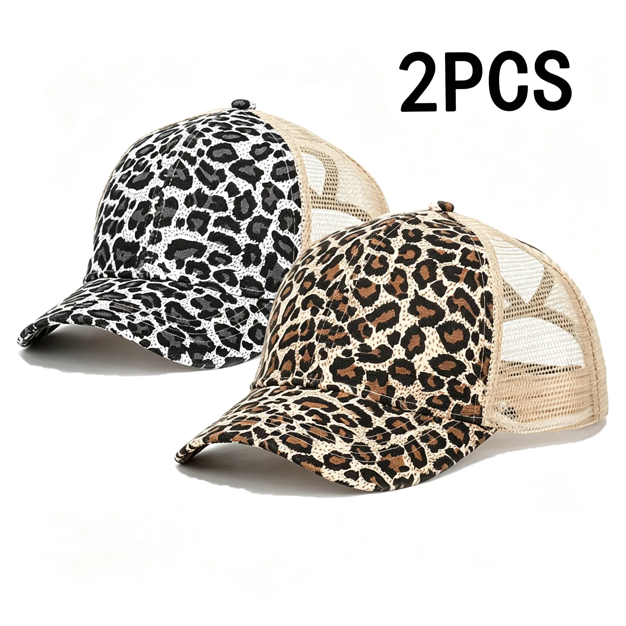 Women's 2-Piece European-American Style Leopard Print Baseball Cap, Summer Outdoor Sunshade Cross Ponytail Mesh Cap, Breathable Casual Sun Hat