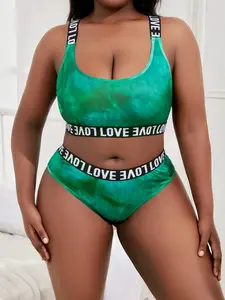 Women's Plus Size Tie Dye Love Letter Sports Bra & Panties Set, Comfortable No Wire Design, Home Wear, Gym Yoga, Light Sport Sleepwear, Sports Lingerie Top, Workout Outfits, Plus Size Option, Sportswear Set