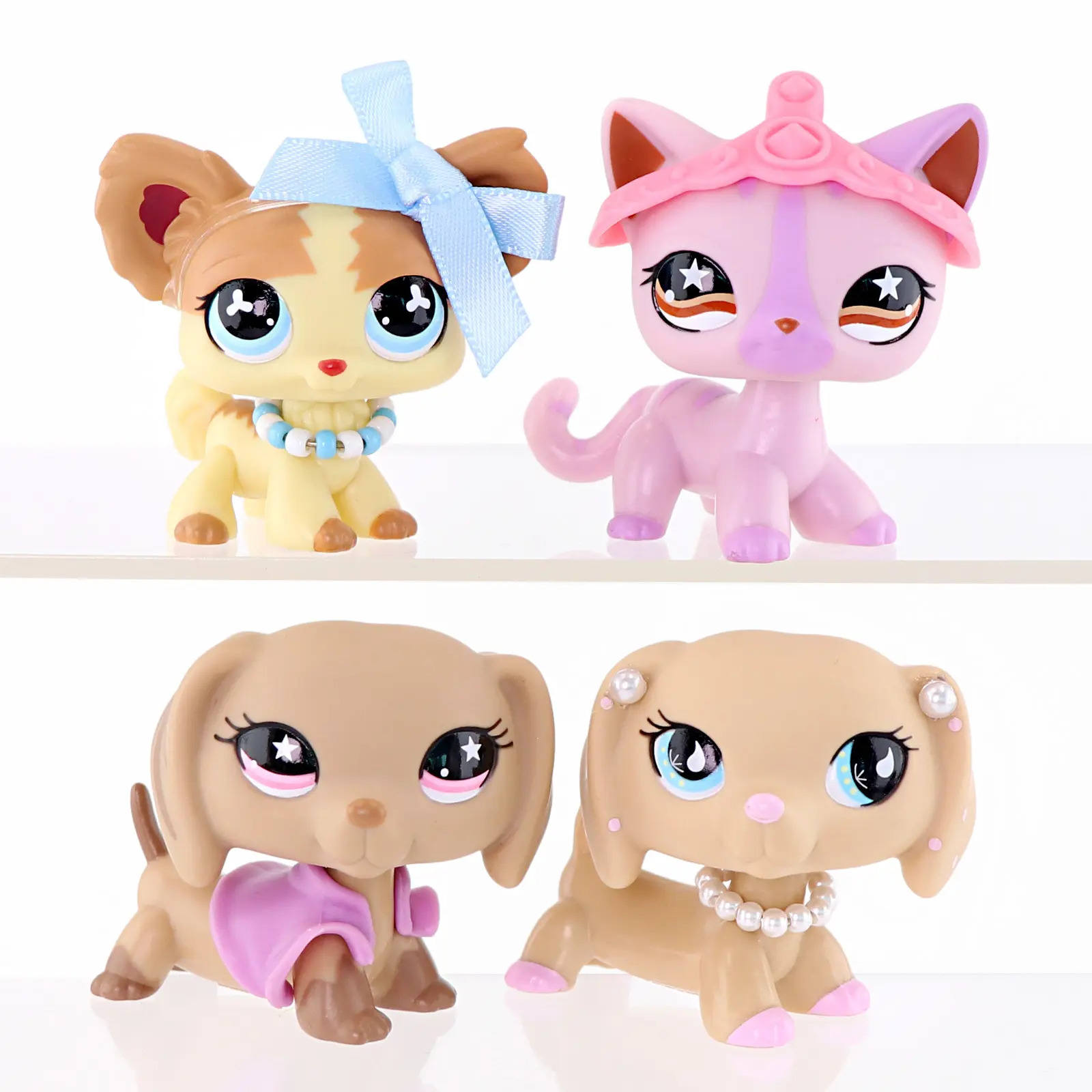4 Pcs Big‑Eye Animal Figurines Chihuahua Cat Dachshund Puppy Mini Collectible Figures With Fashion Accessories Desktop Ornament Kids Toy Gift
