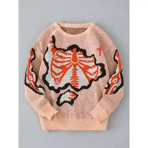 Men's Regular Fit Skeleton Print Skull Round Neck Sweater, Comfy Long Sleeve Crew Neck Jumper for Daily Wear, Fashion Men's Knitwear for Fall & Winter, Tops, Casual Chic Knitwear, Halloween